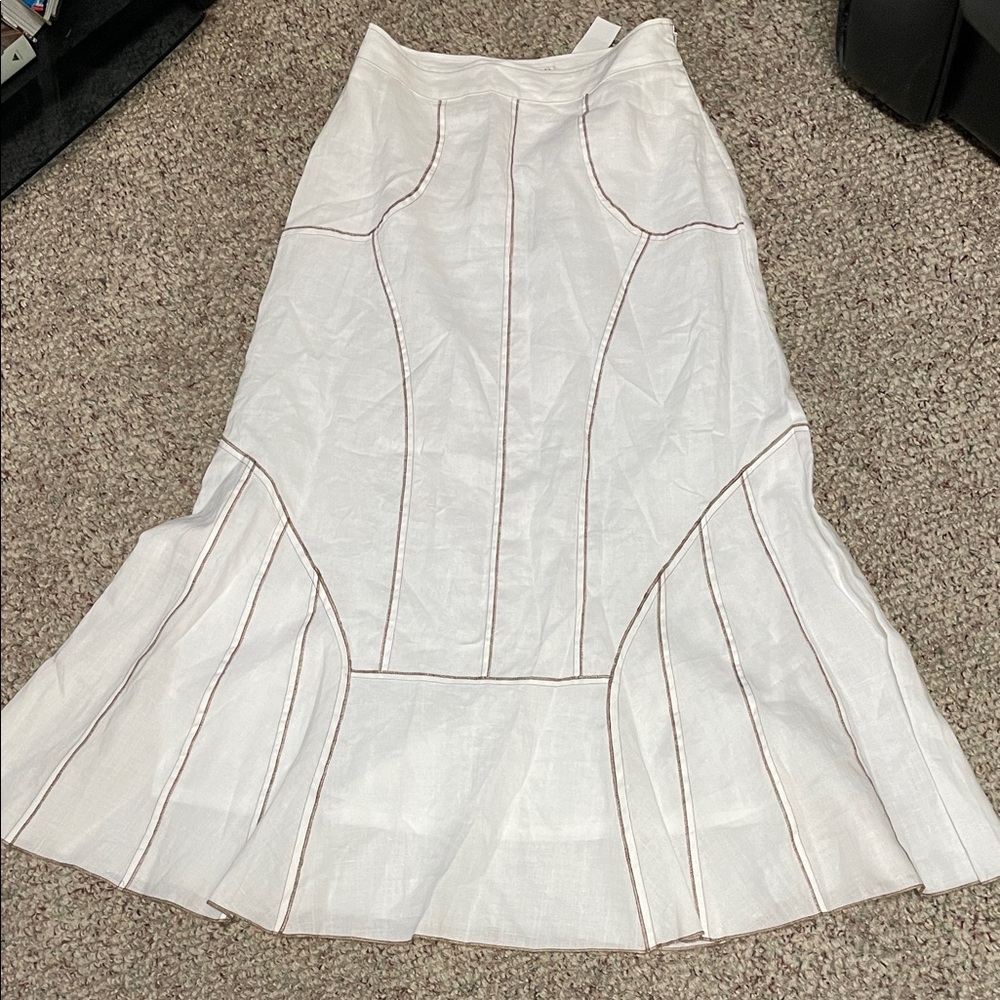 100% ramie White Women's maxi Skirt with patterned stripe accents- nwt